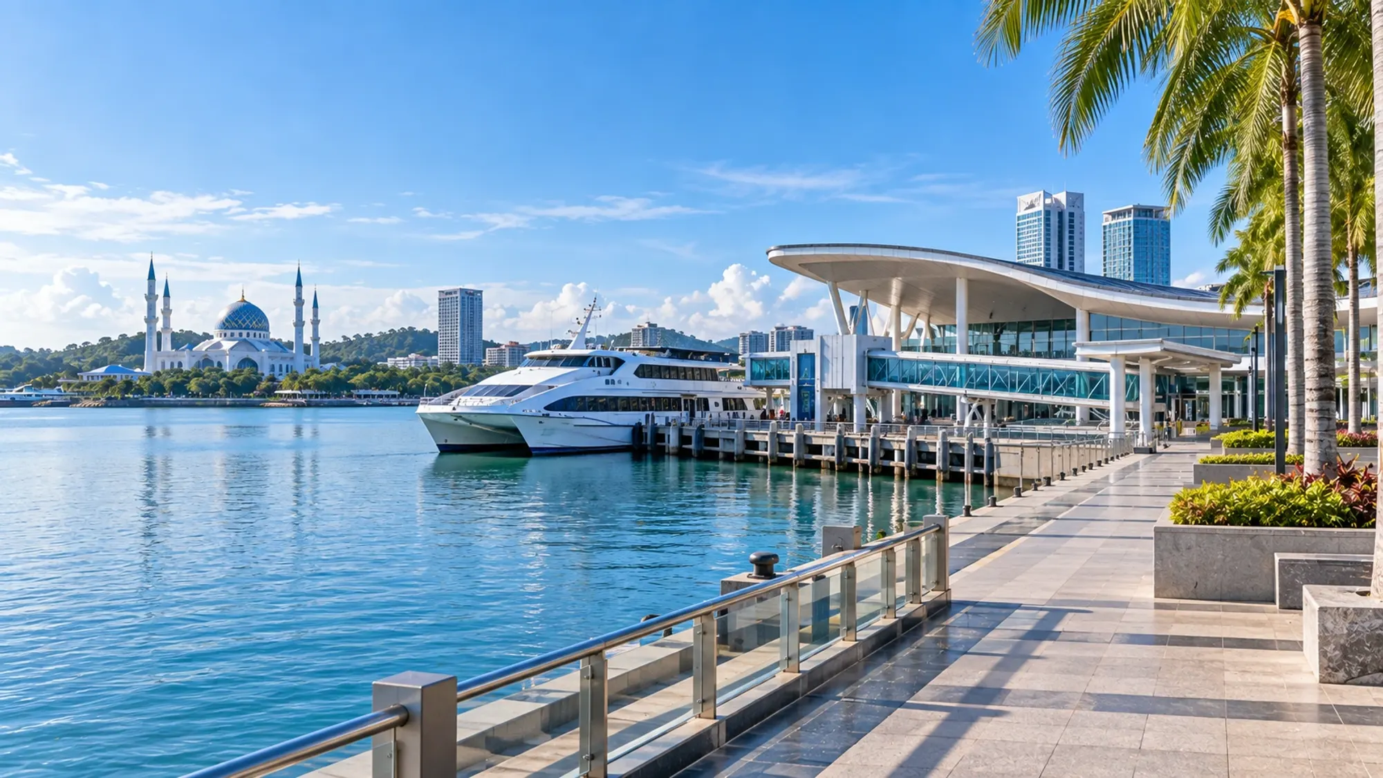 Illustration: modern ferry terminal and waterfront promenade on a clear morning