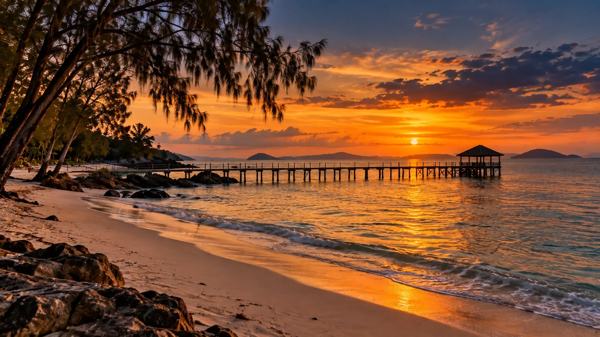 Illustration: wooden pier on a quiet beach at sunset