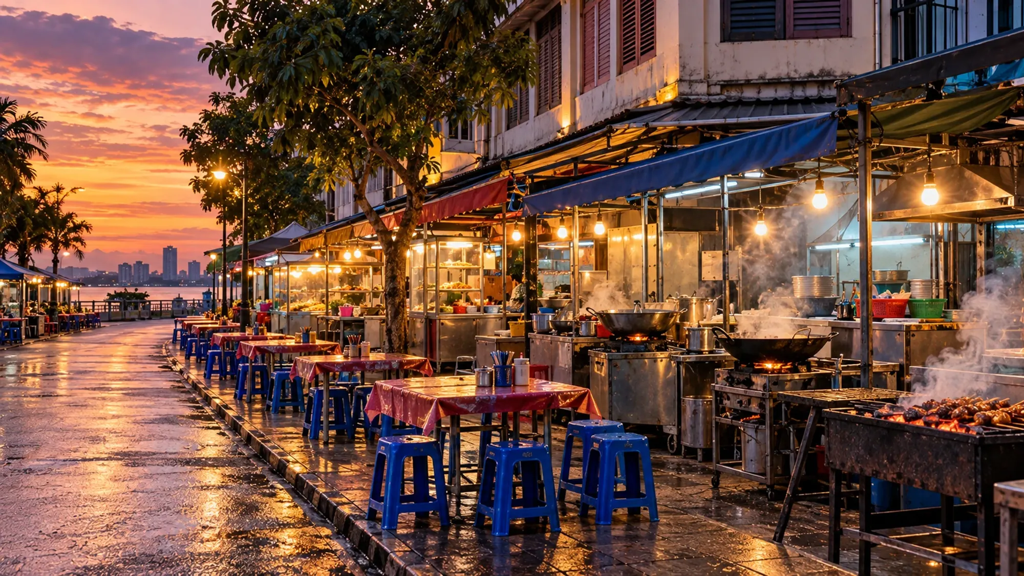 Illustration: neighbourhood food stalls with woks and plastic stools at dusk