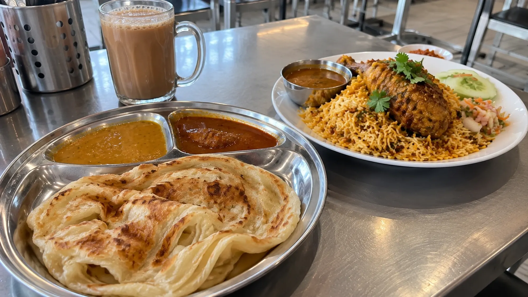 Illustration: roti canai with curry and briyani