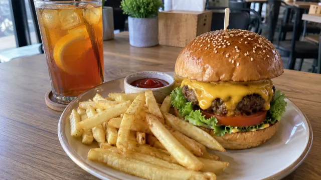 Illustration: burger and fries with iced tea