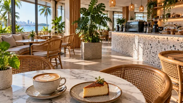 Illustration: bright tropical café with rattan chairs and a flat white