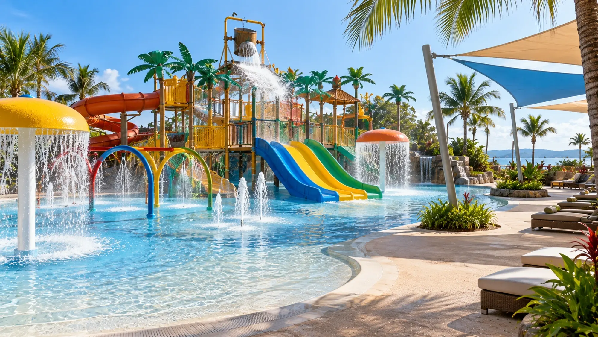 Illustration: colourful empty water play park at a family resort