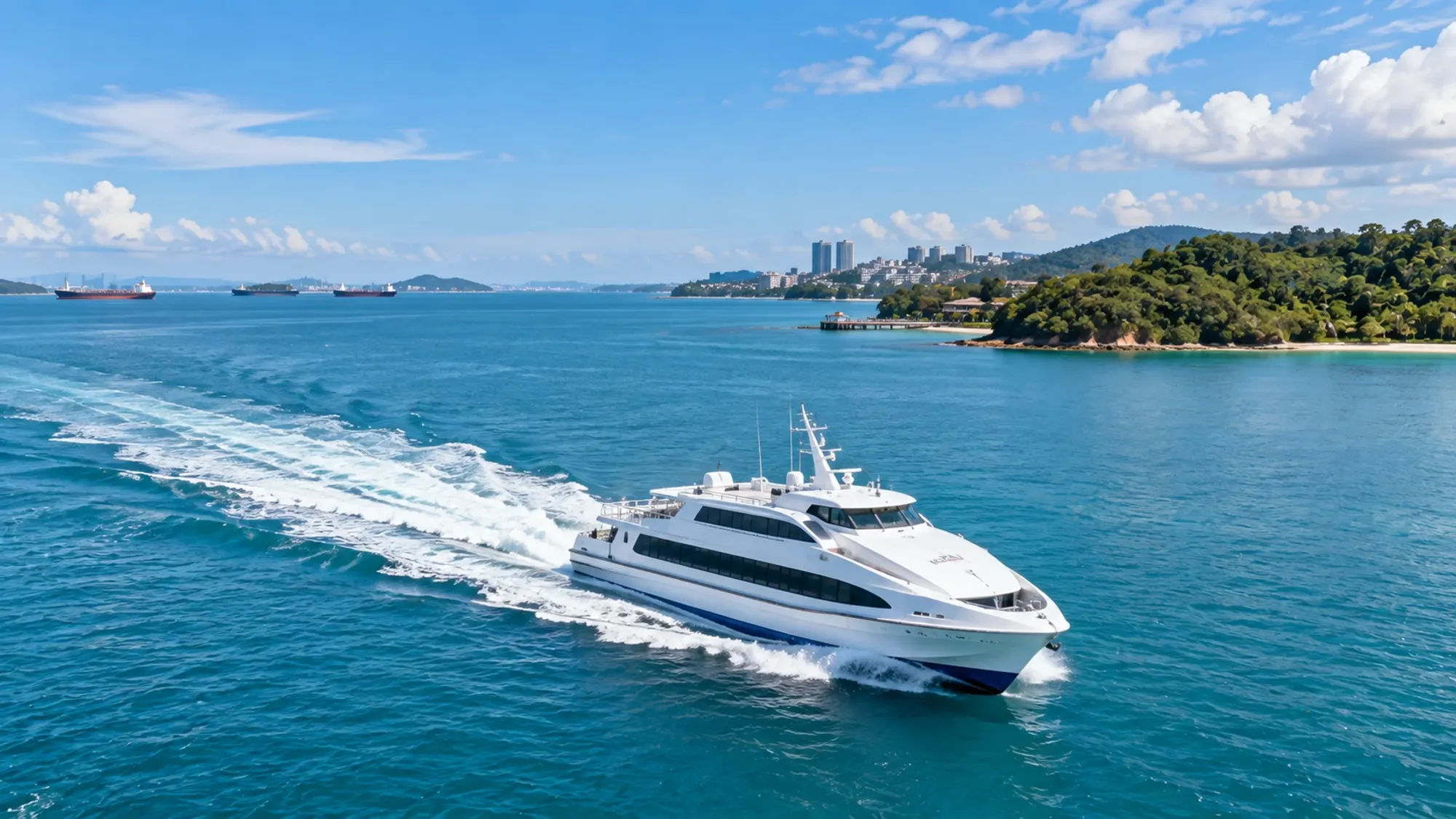 Illustration: high-speed ferry crossing a blue strait towards a green coast