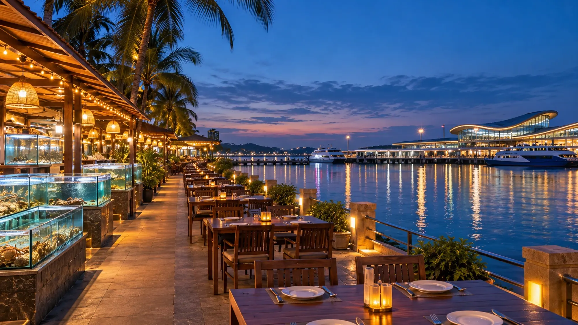 Illustration: waterfront seafood restaurants with string lights along a marina at blue hour