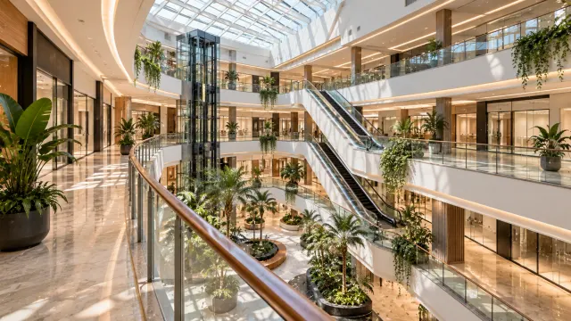 Illustration: bright modern shopping mall atrium with escalators