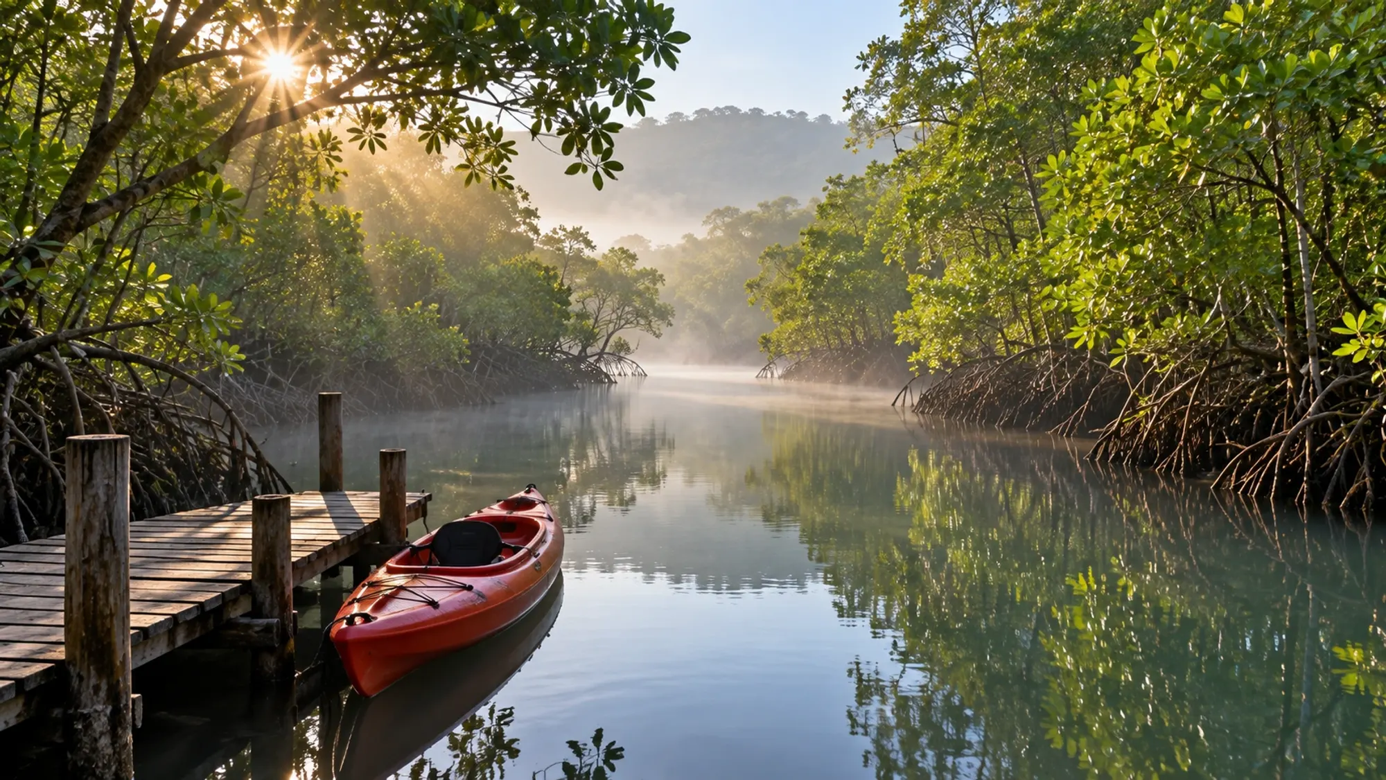 Illustration: empty kayak at a jetty in a misty mangrove channel