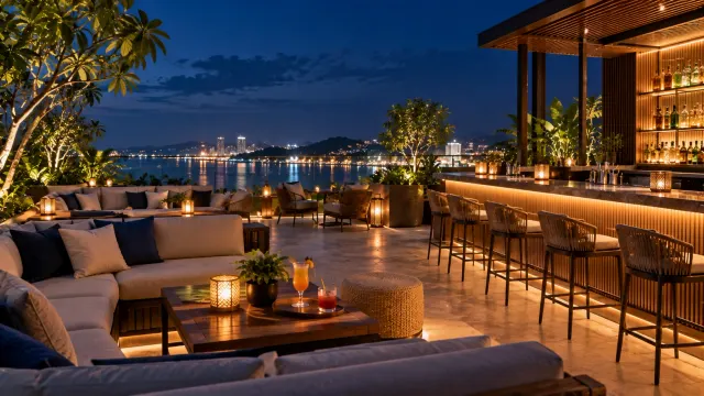 Illustration: rooftop lounge overlooking city lights at night