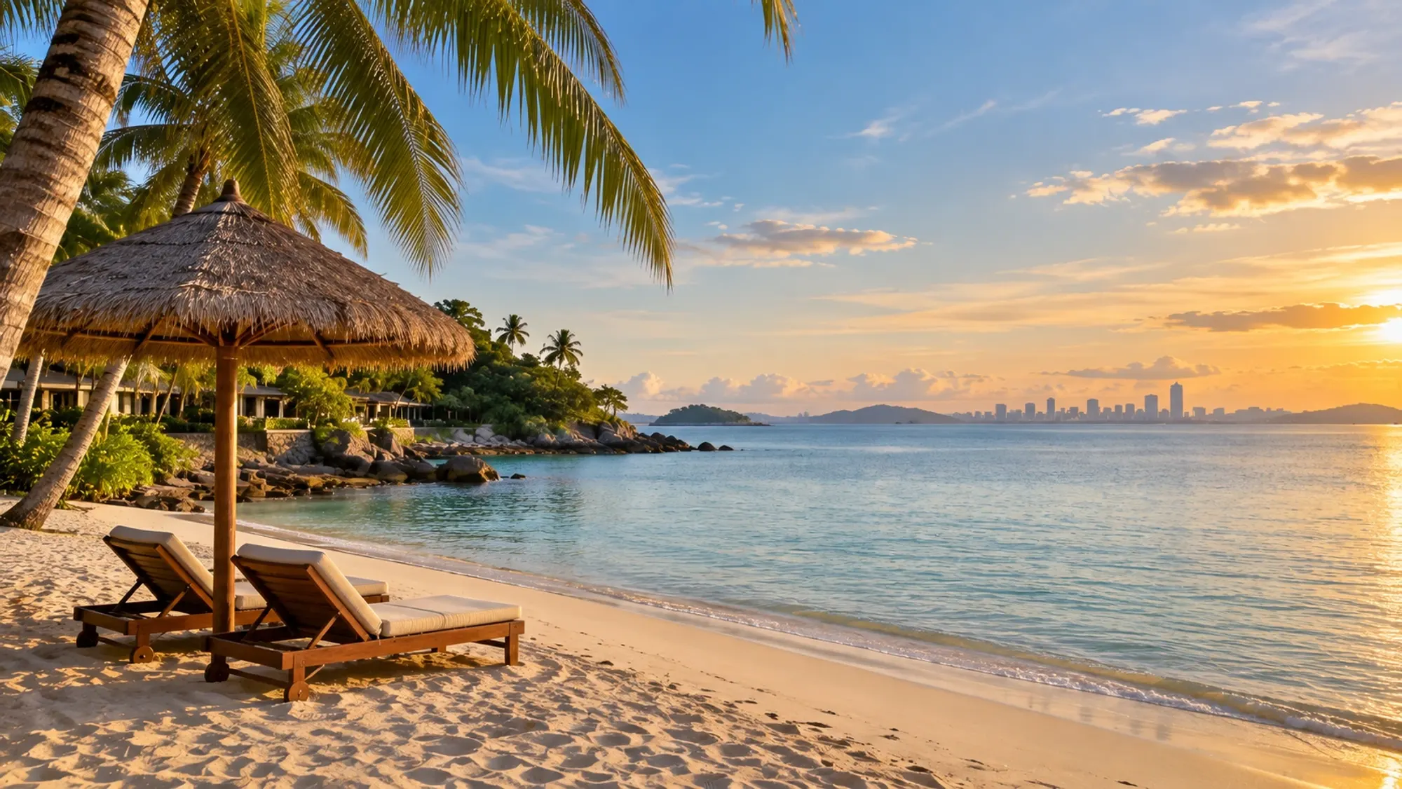 Illustration: quiet resort beach with sun loungers and palms facing a distant skyline