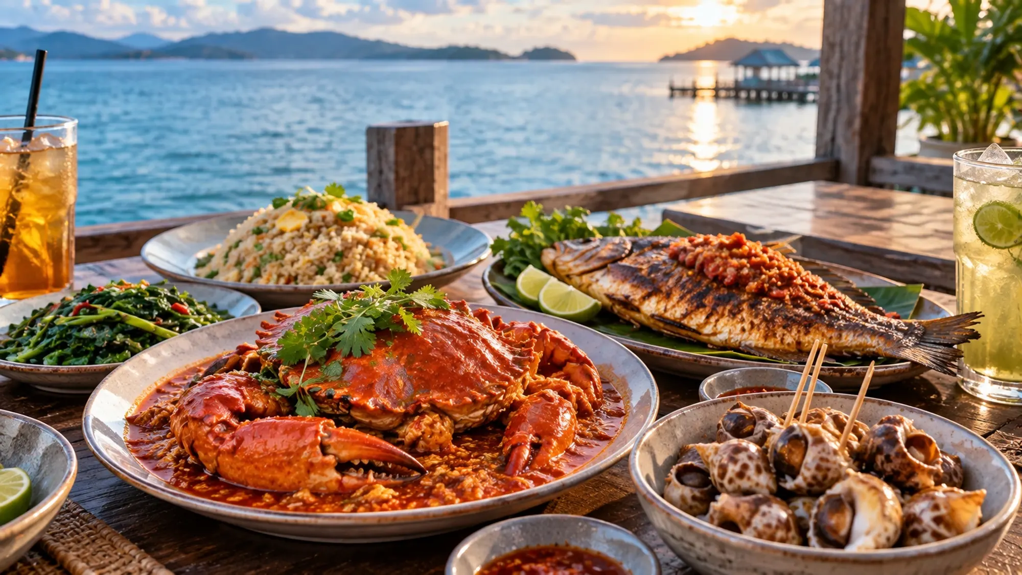 Illustration: chilli crab, gonggong and grilled fish on a table by the sea
