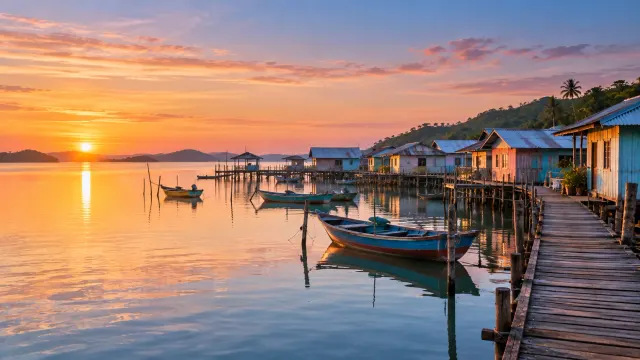 Illustration: stilt-house fishing village on calm water at sunrise
