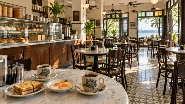 Illustration: traditional kopitiam with marble tables, kopi and kaya toast