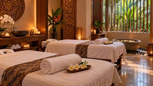 Illustration: Indonesian spa room with massage beds, frangipani and candles