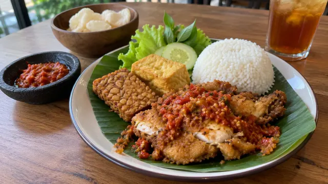 Illustration: ayam penyet with sambal and tempeh