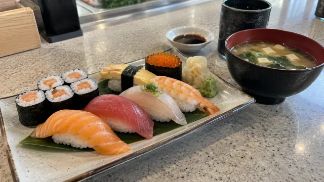 Illustration: assorted sushi and miso soup