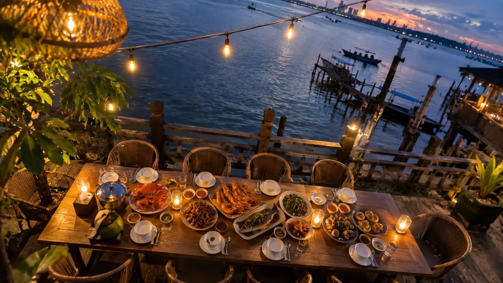 A seafood dinner table at a Batam waterfront restaurant at dusk