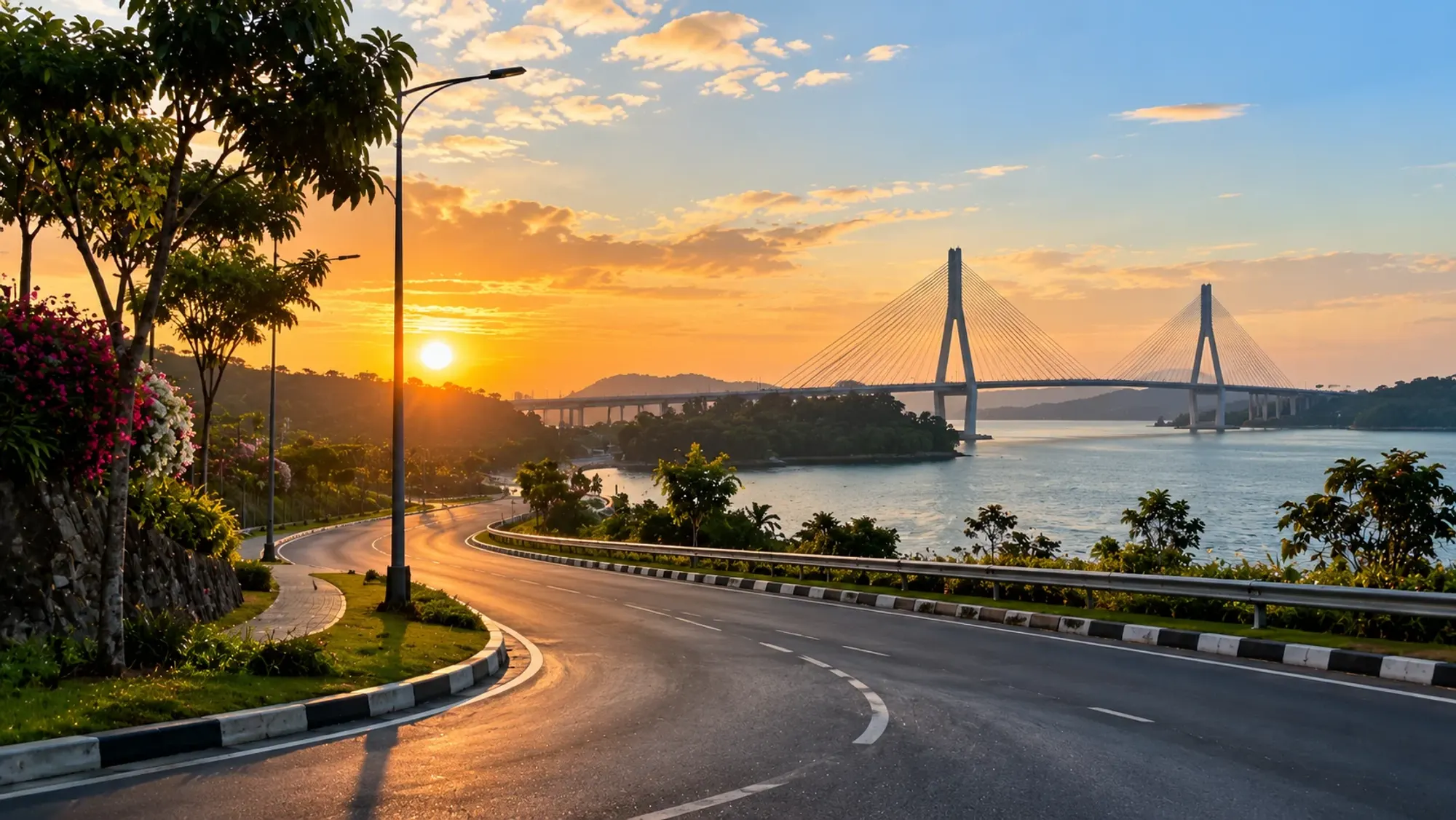 Coastal road towards the Barelang bridges at sunrise