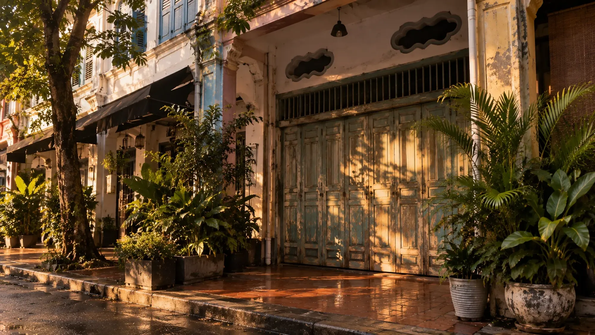 A closed shophouse door framed by tropical plants