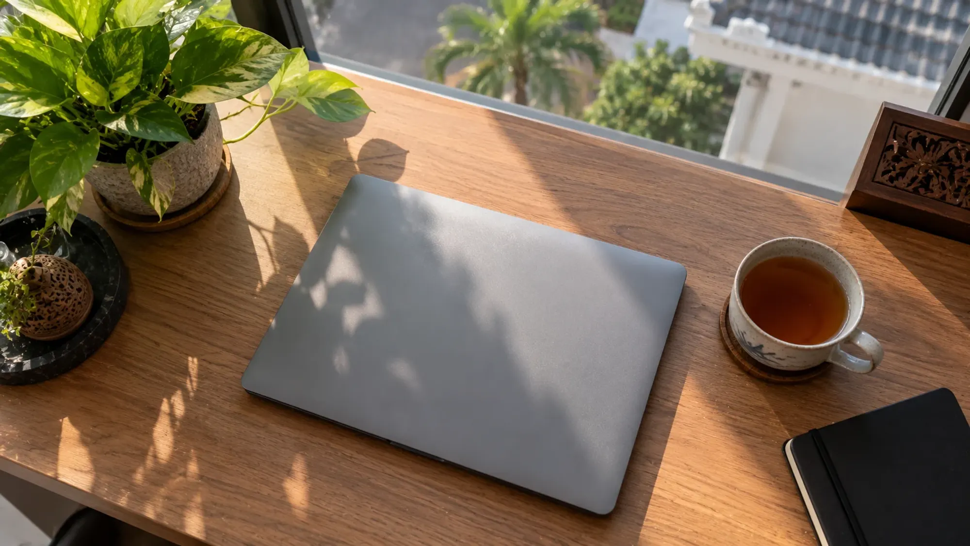 A clean desk with a closed laptop and tea
