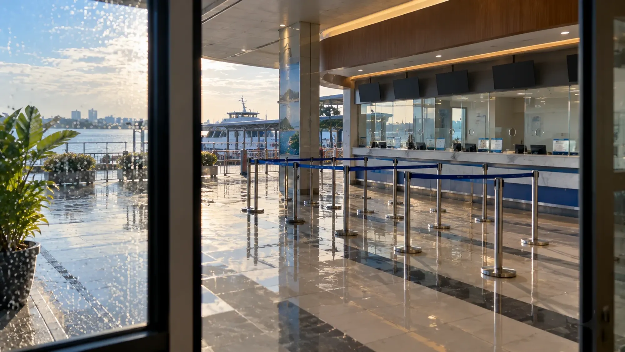 An empty ferry ticket counter in the morning