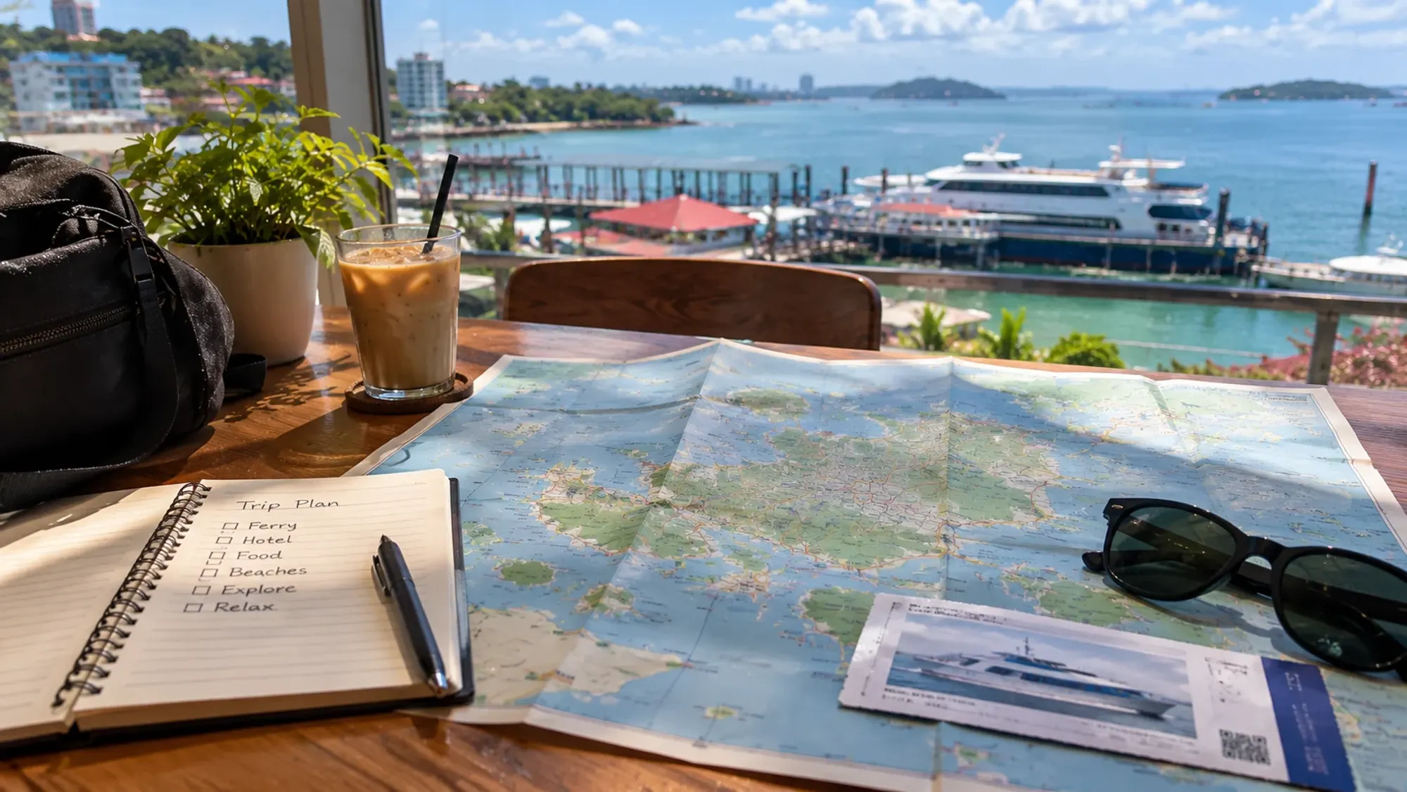 Trip-planning flat-lay with a map of Batam and a ferry ticket