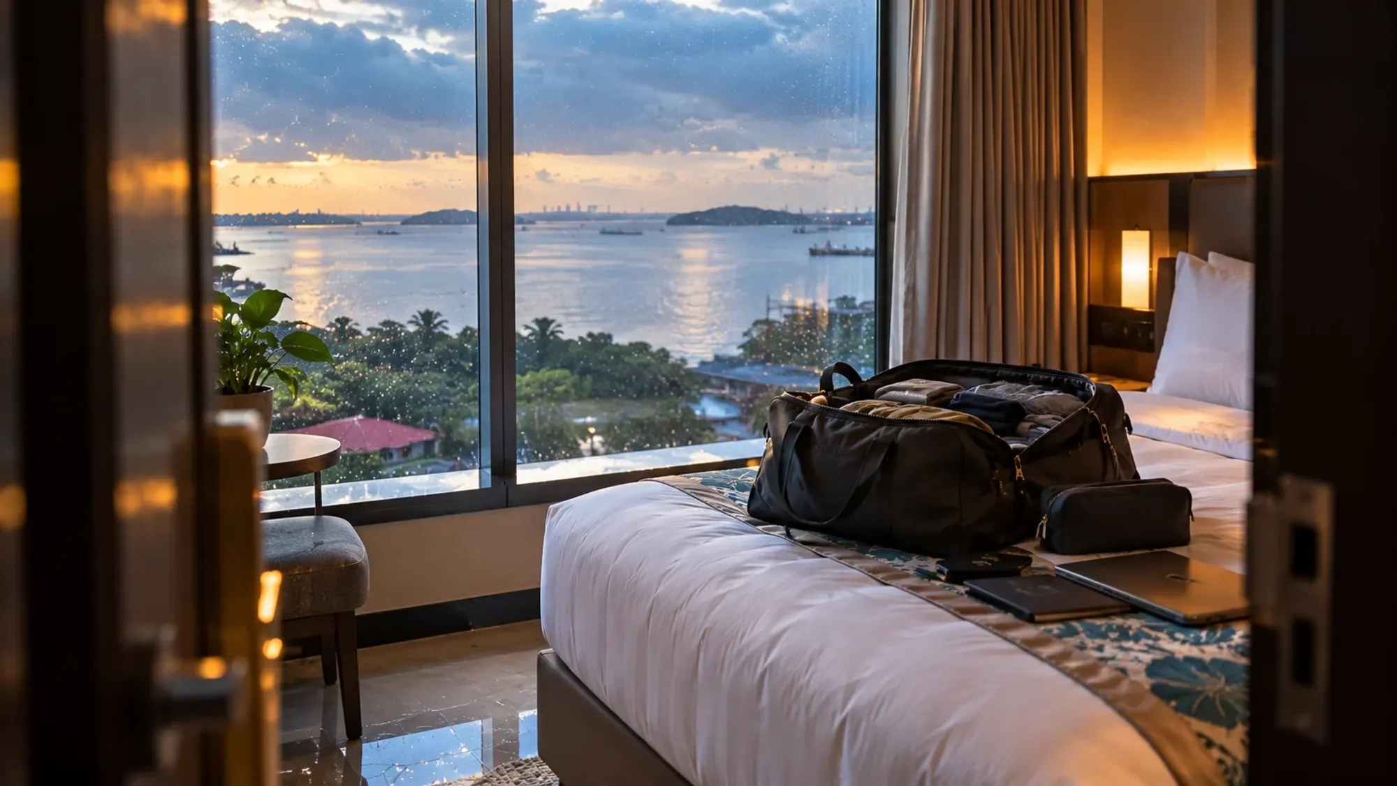 A packed weekend bag on a hotel bed with a sea view