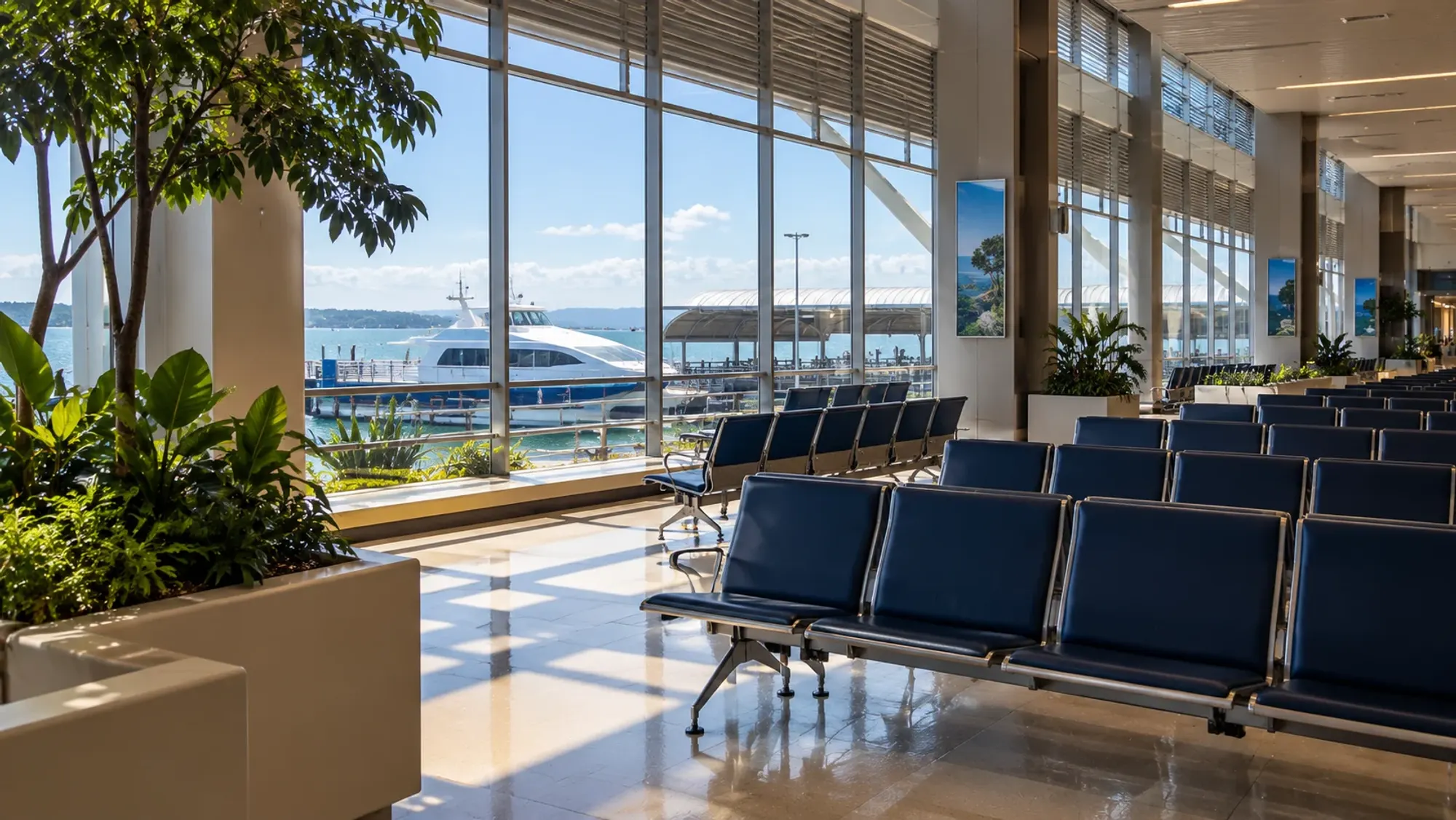 An empty Batam ferry terminal departure hall in the morning