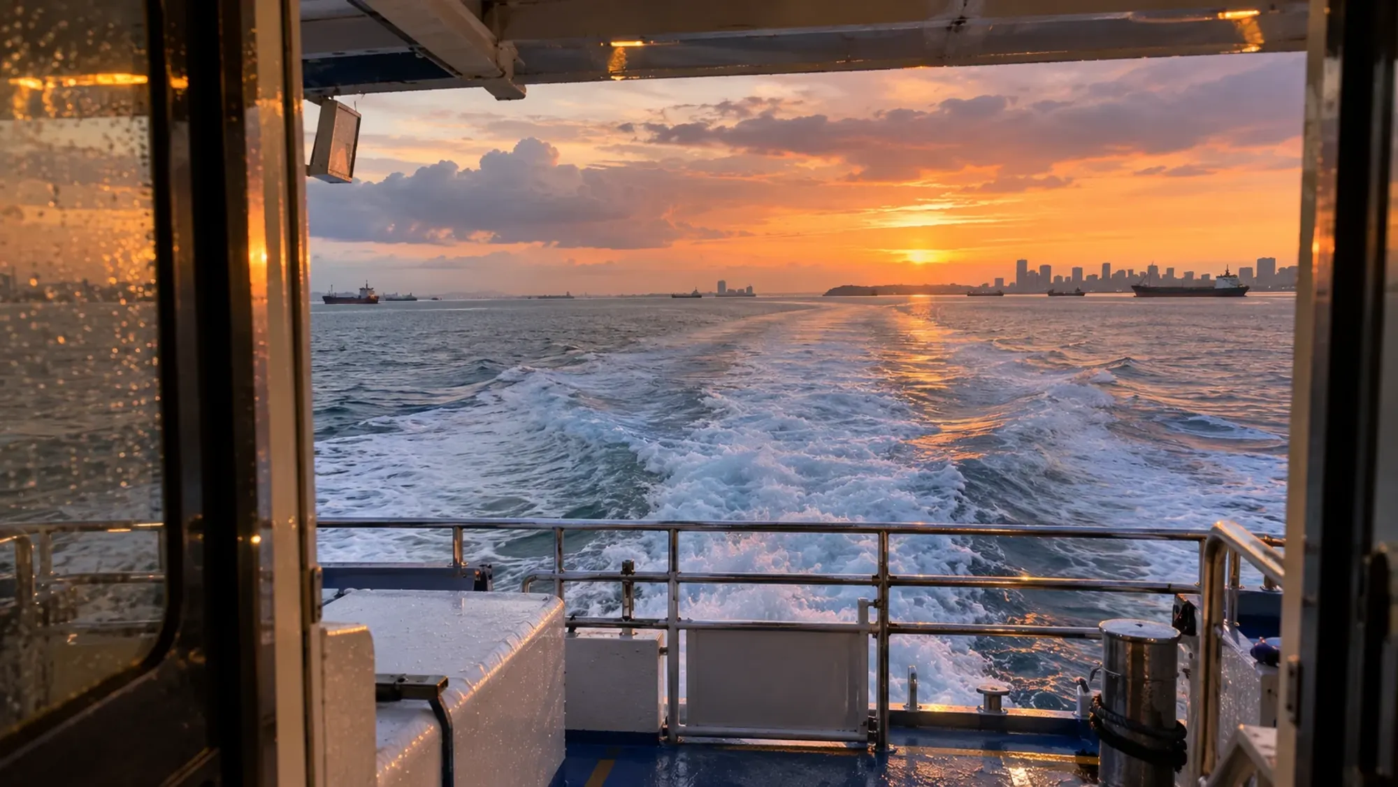 Ferry wake on the Singapore Strait at sunset