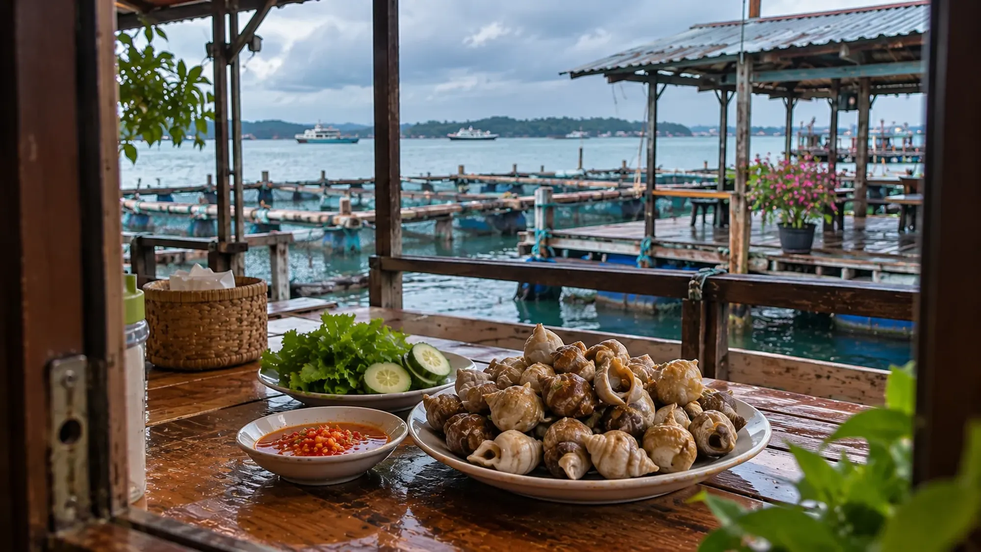Gonggong sea snails with chilli dip on a floating kelong table — 777 Live Seafood Restaurant Piayu, a seafood restaurant in Nongsa, Batam