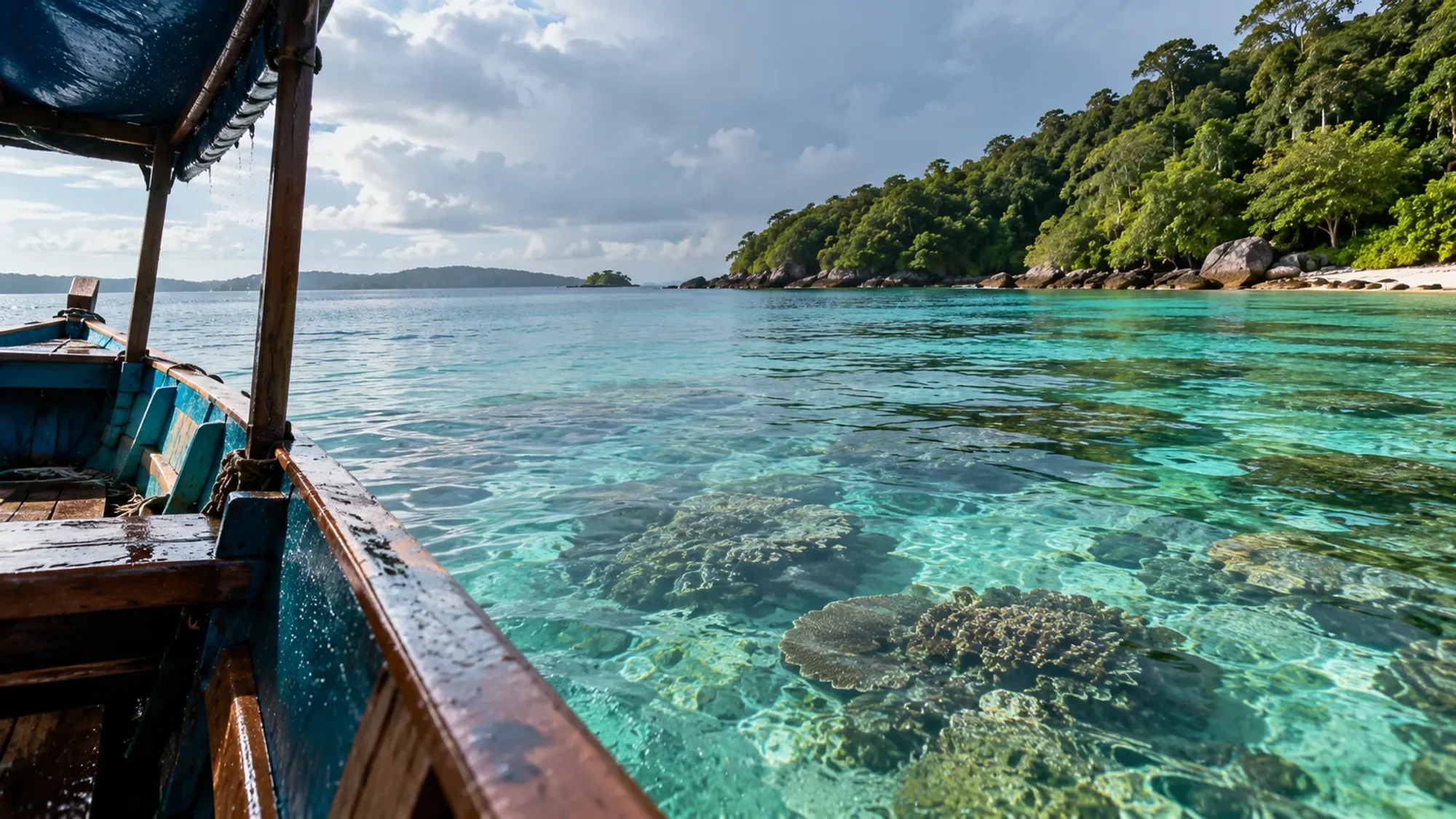 Clear turquoise shallows over coral seen from a traditional wooden boat — Abang Island (Pulau Abang), an island in Barelang, Batam