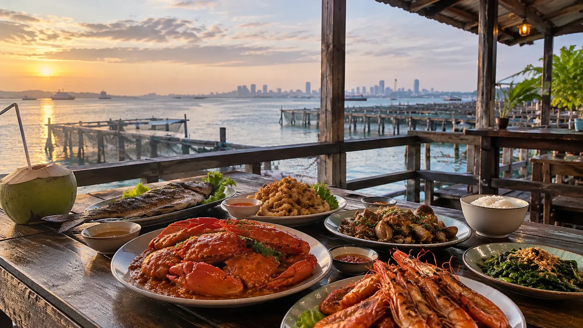 A seafood spread on a wooden kelong over a river estuary — Amazon Seafood, a seafood restaurant in Nongsa, Batam