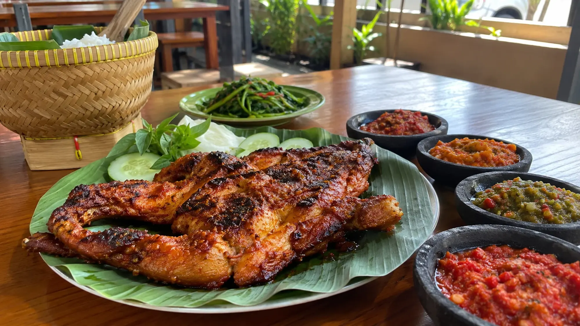 Ayam bakar Taliwang with several sambals — Ayam Bakar Taliwang Pelita, an Indonesian restaurant in Nagoya, Batam