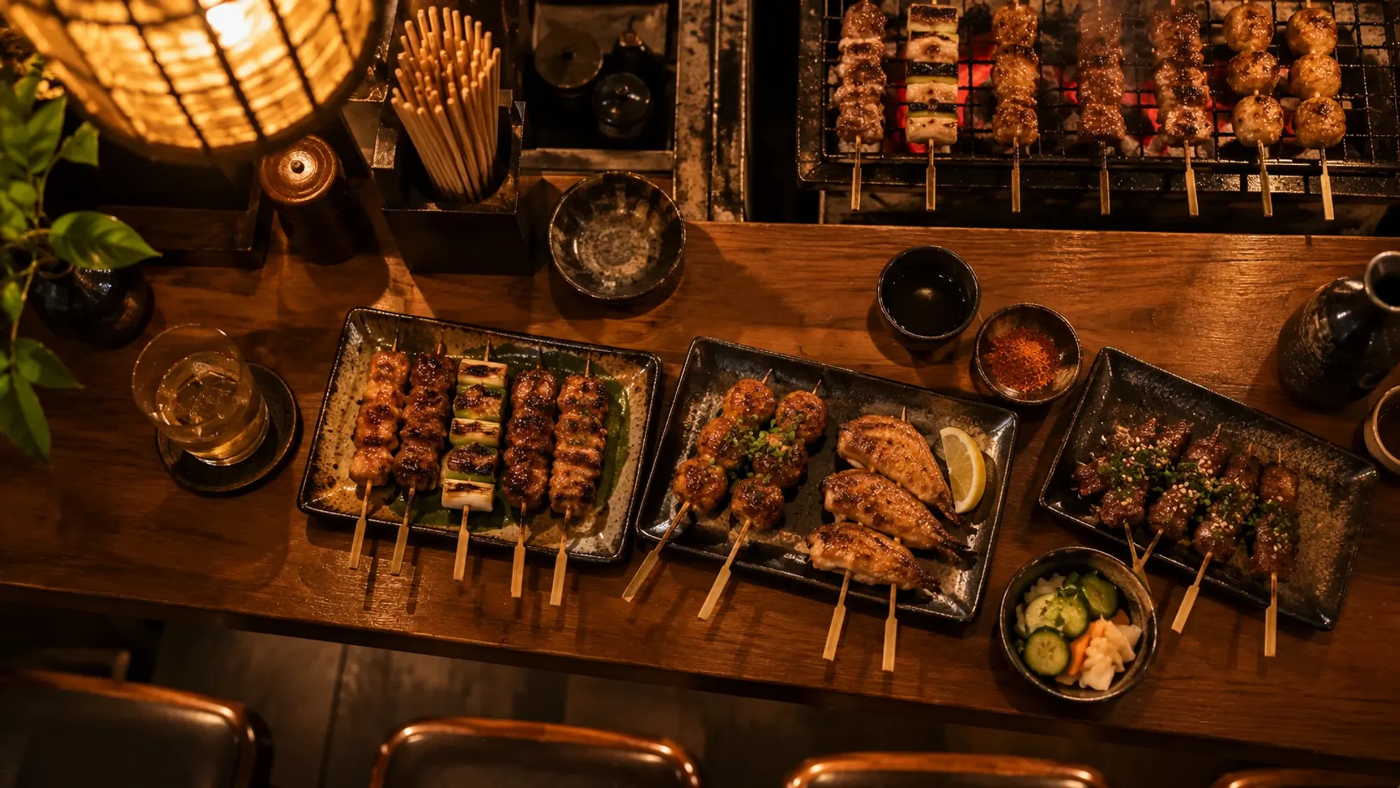 Yakitori skewers on a bar counter late at night — Azumaya Kyoto Yakitori Bar, a Japanese restaurant in Batam Centre, Batam