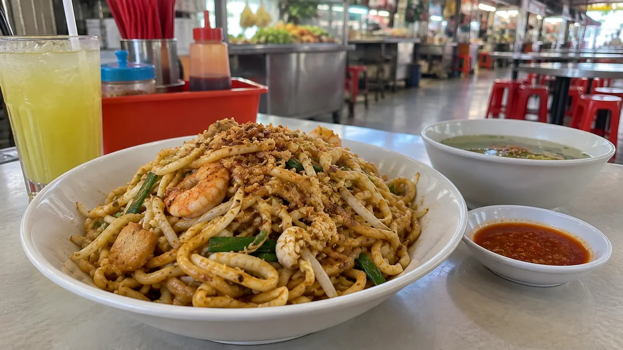 Bangka-style noodles, plated on the table at a market noodle shop — Bakmie Bangka Asan 2323, a Chinese restaurant in Batam Centre, Batam