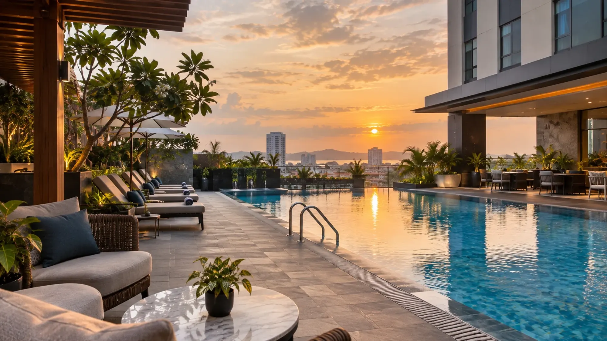 The swimming pool area in late afternoon of a 4-star city hotel — Batam Center Hotel, a 4-star city hotel in Batam Centre, Batam