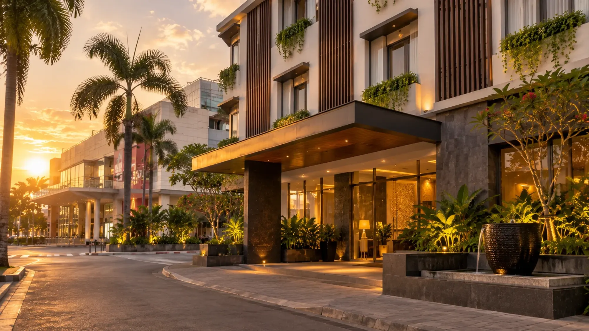 The building exterior and entrance at golden hour of a 2-star boutique hotel — Batam Harbour Boutique Hotel & Spa, a 2-star boutique hotel in Nagoya, Batam