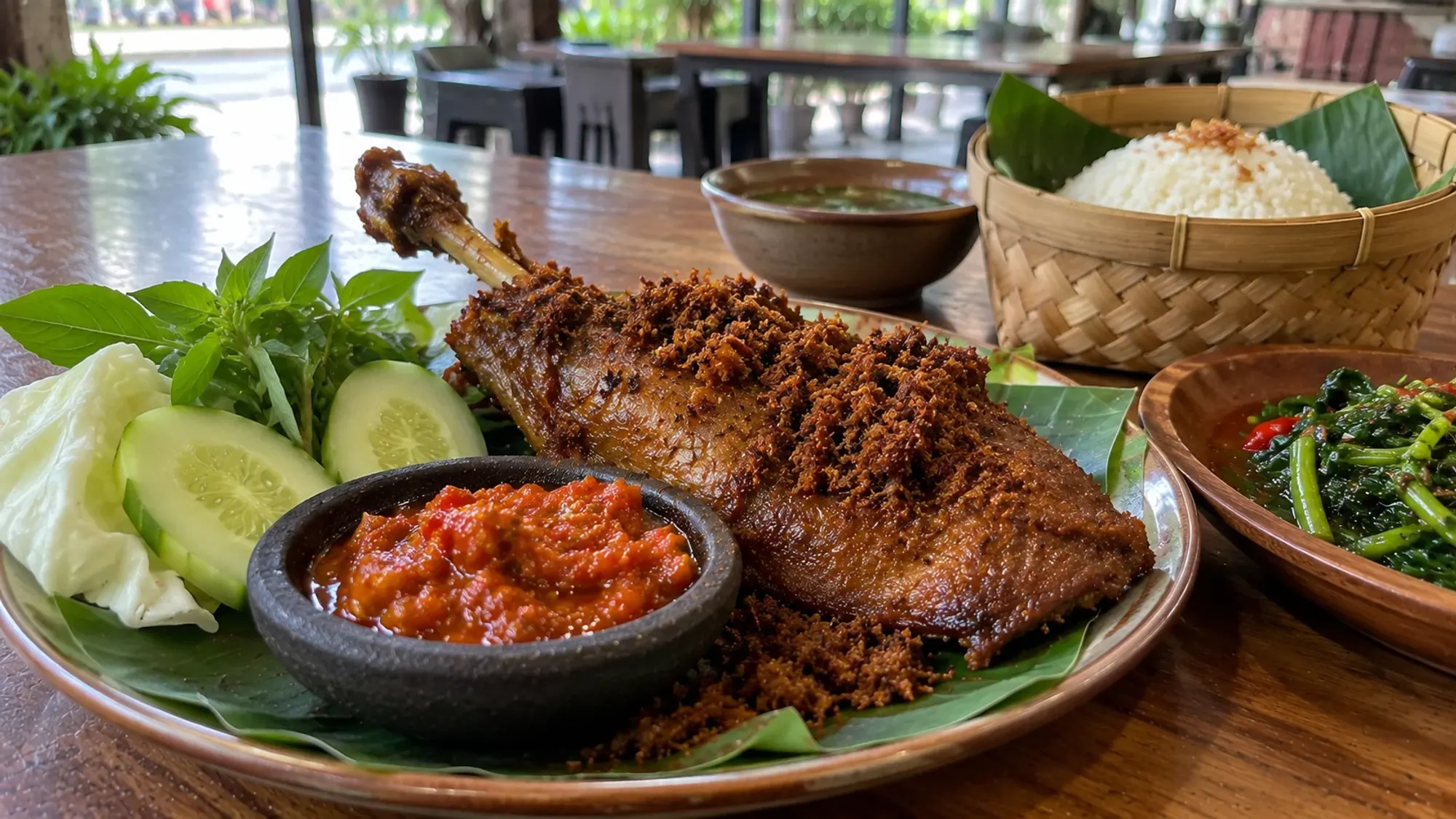 Spicy fried duck with sambal at an Indonesian duck restaurant — Bebek Carok Greenland, an Indonesian restaurant in Batam Centre, Batam