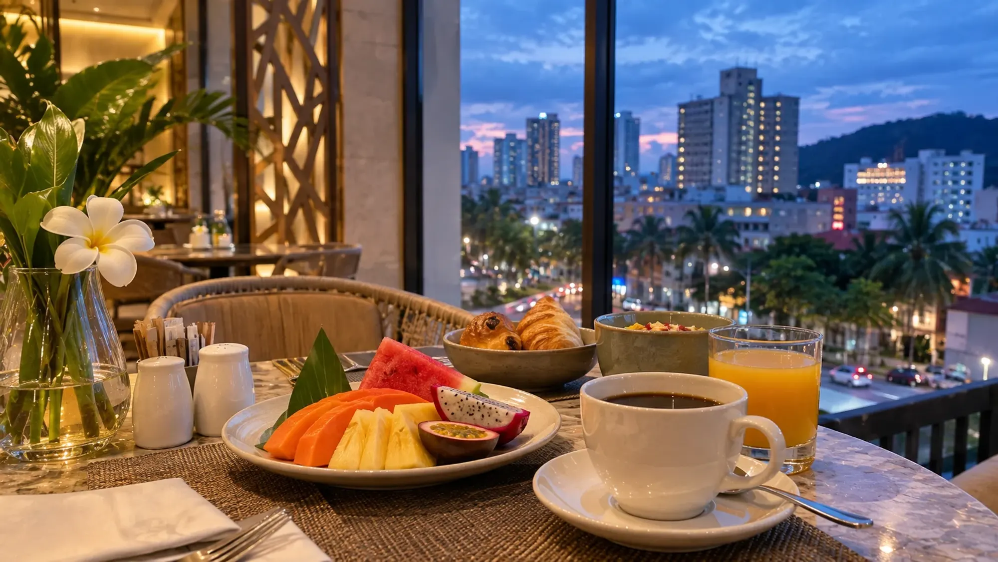 A breakfast table by a window with tropical fruit and coffee of a 4-star city hotel — Beverly Hotel Batam, a 4-star city hotel in Nagoya, Batam