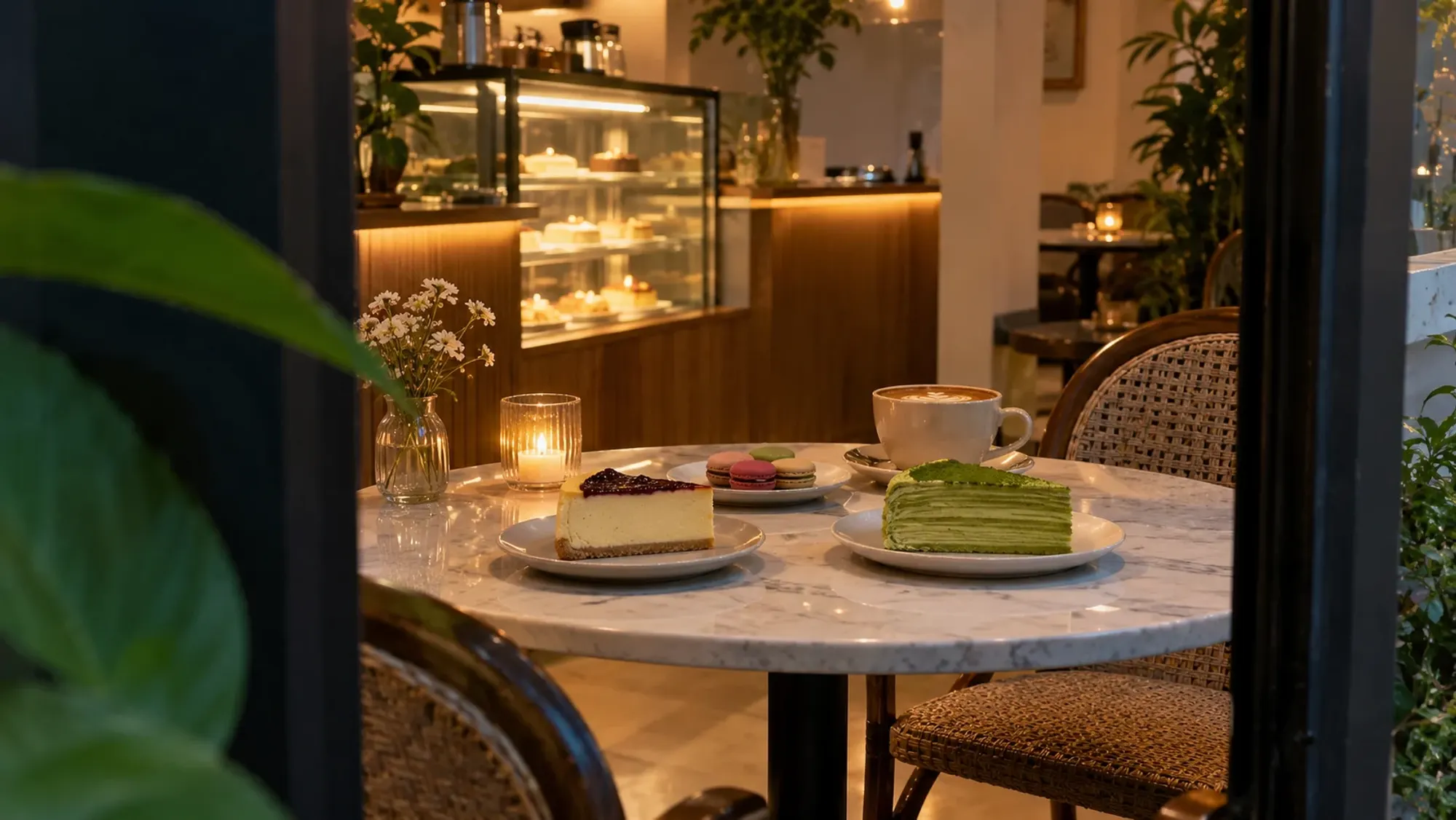 Cheesecake, matcha mille crepe and macarons on a café table — Biscotti Cakery, a bakery in Nagoya, Batam