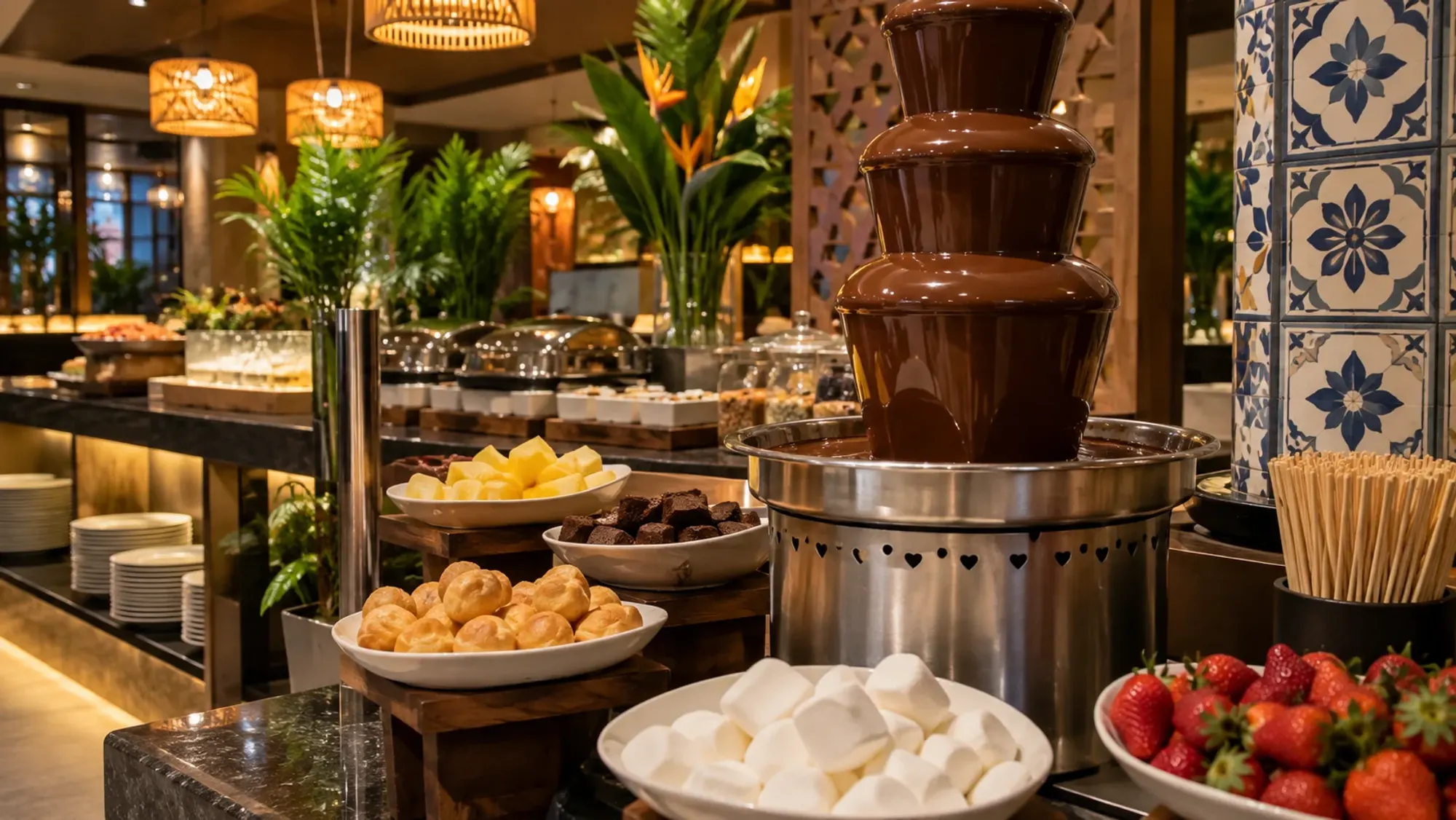 A buffet restaurant counter with a fondue station — Bite Restaurant, an international restaurant in Batam Centre, Batam