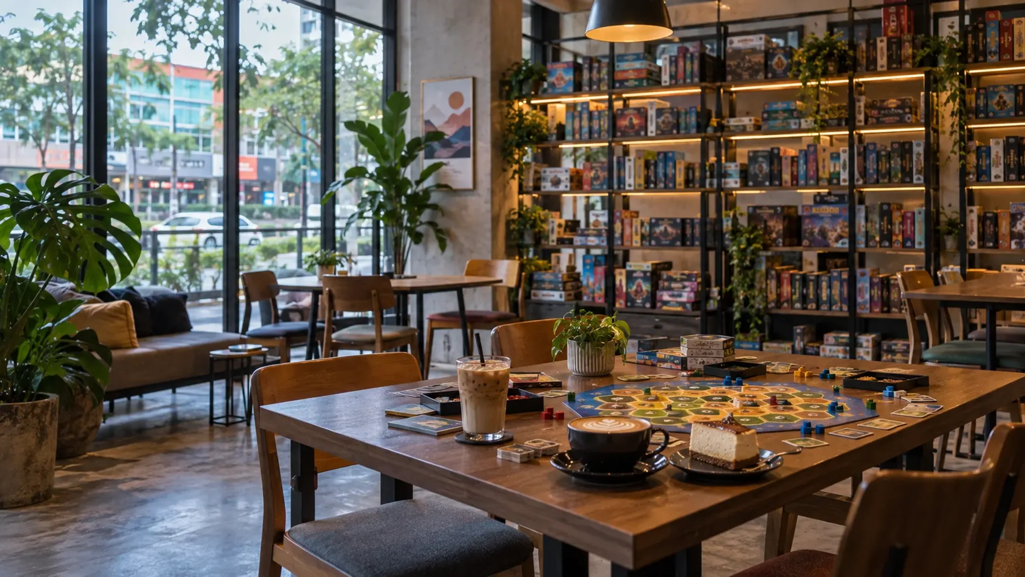 Shelves of board games and a game set out on a café table with drinks — Board Games Cafe Batam, a café in Nagoya, Batam