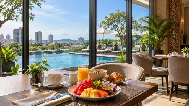 A breakfast table by a window with tropical fruit and coffee of a 4-star city hotel — Crown Vista Hotel, a 4-star city hotel in Nagoya, Batam