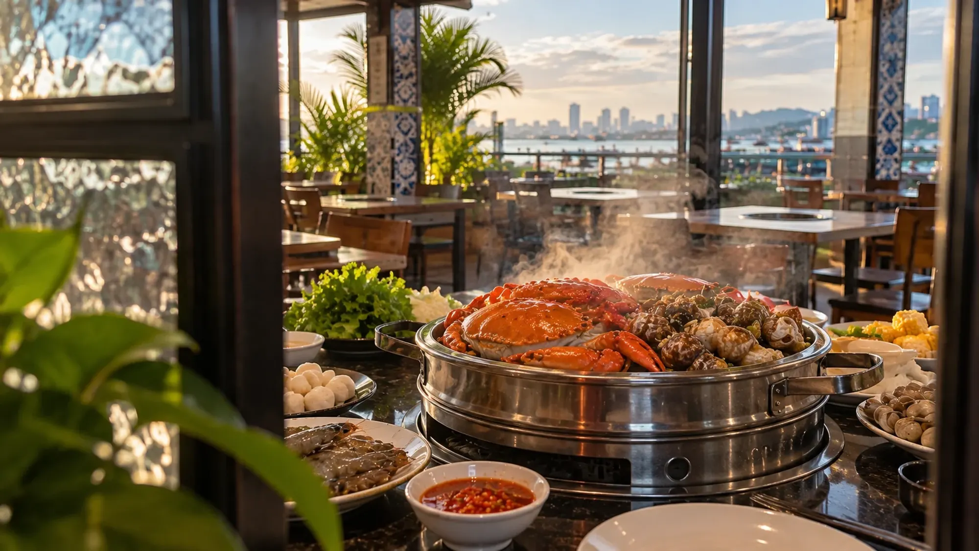A tabletop steamer with crab and gonggong at a steamboat seafood restaurant — D'Steam Seafood, a seafood restaurant in Nagoya, Batam