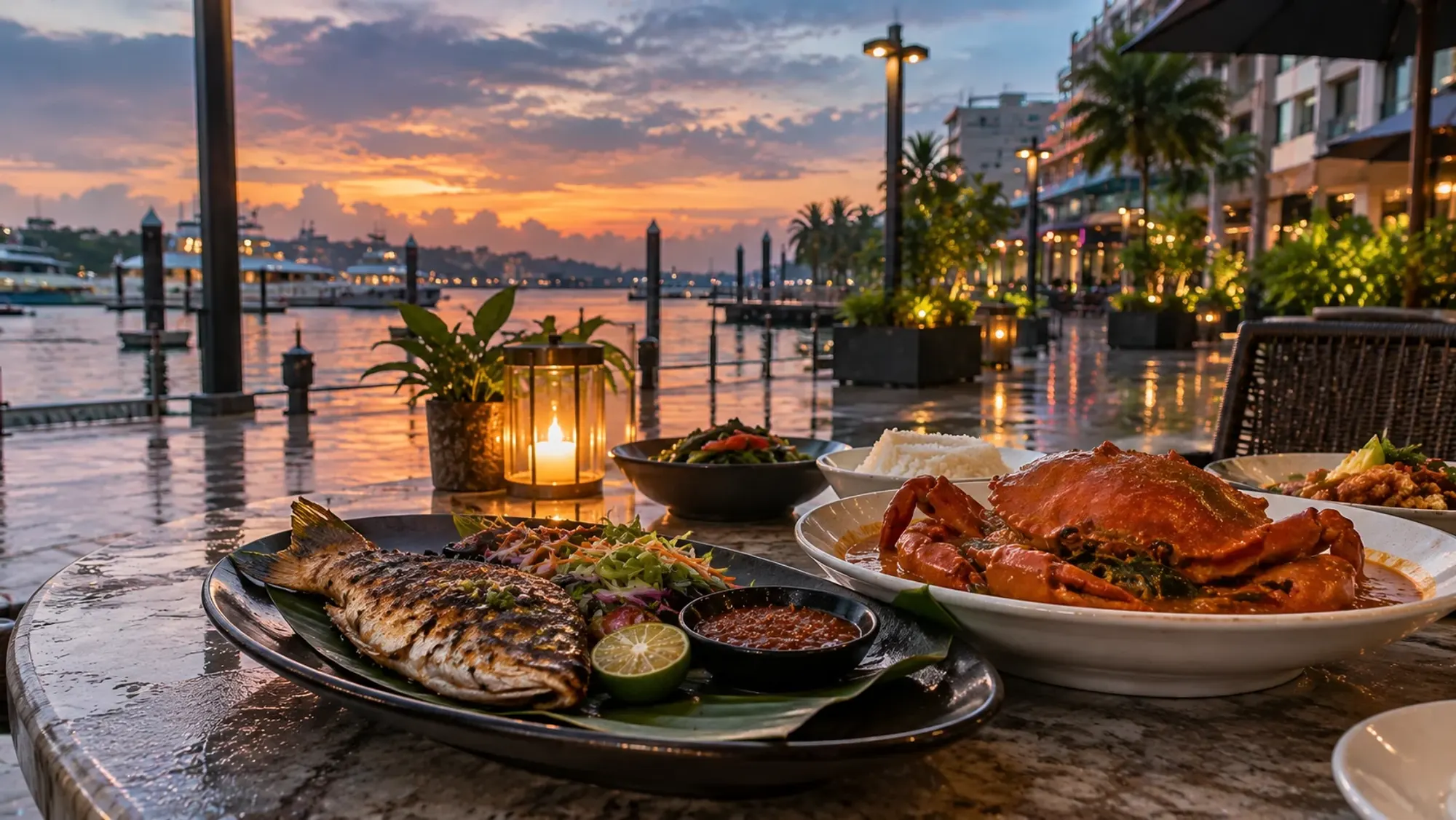 Grilled fish and Padang-style crab on a waterfront café table — Dé Patros Cafe, a Western restaurant in Harbour Bay, Batam