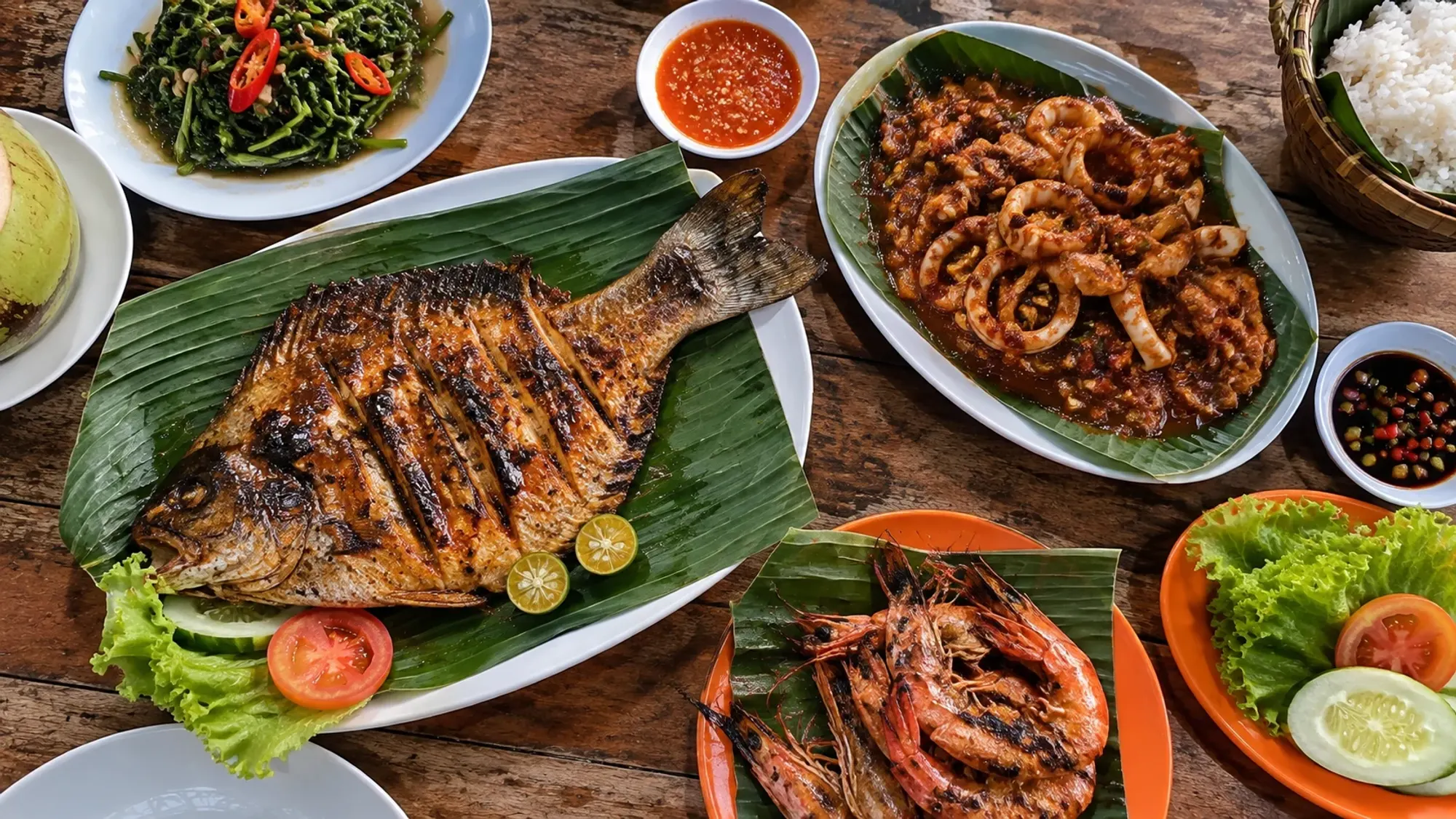 Grilled fish and sambal squid at a grilled-seafood spot — de'SAMPAN BBQ Centre, a seafood restaurant in Batam Centre, Batam