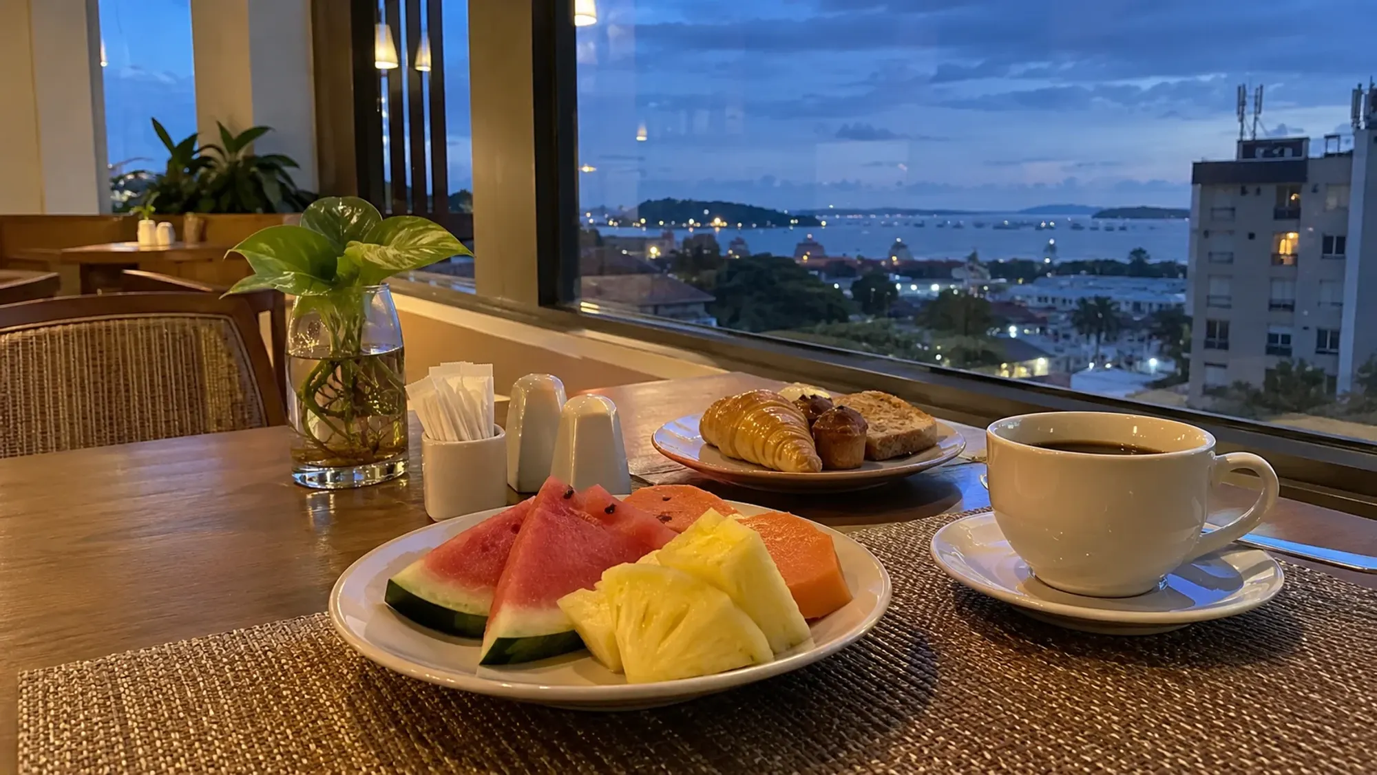 A breakfast table by a window with tropical fruit and coffee of a 3-star budget hotel — Dju Dju Hotel, a 3-star budget hotel in Nagoya, Batam