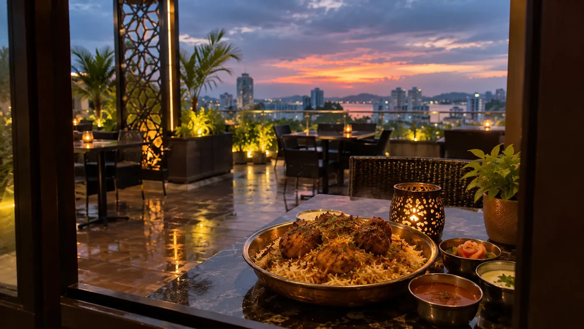 Biryani on a rooftop restaurant table at dusk — Empire Restaurant & Lounge, an Indian restaurant in Batam Centre, Batam
