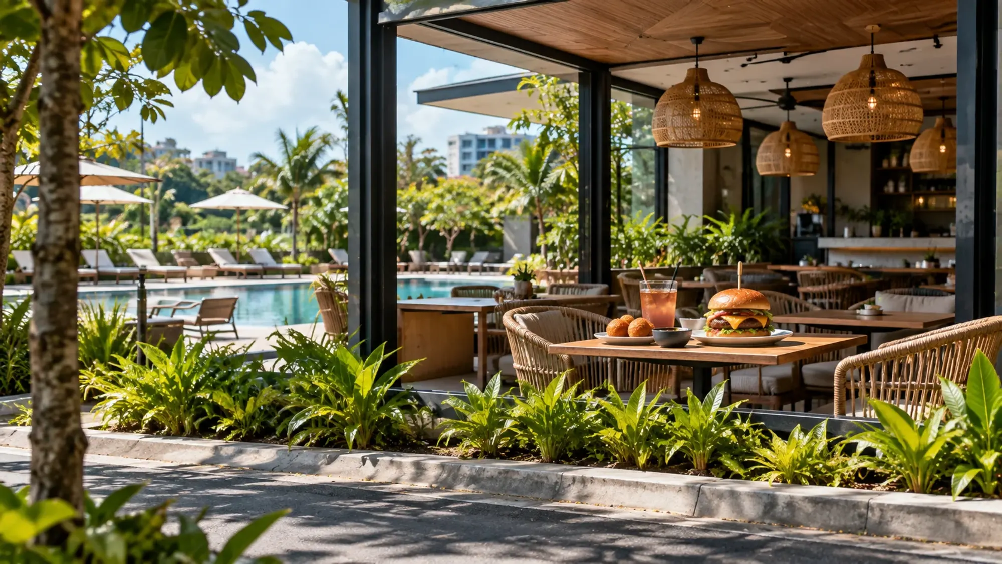 Beef croquettes and a cheeseburger by a pool-view café — Gazoz Cafe, a café in Nagoya, Batam