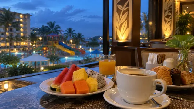 A breakfast table by a window with tropical fruit and coffee of a 3-star city hotel — Golden Bay, a 3-star city hotel in Bengkong, Batam