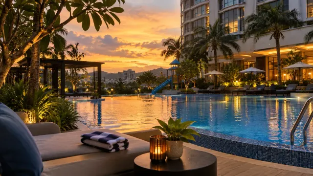 The swimming pool area in late afternoon of a 4-star city hotel — Golden View Hotel, a 4-star city hotel in Bengkong, Batam